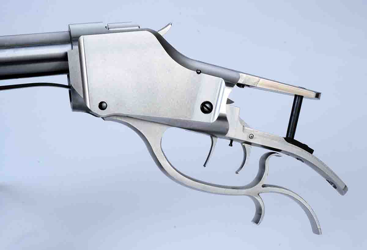 A close-up of an MVA High Wall action as shipped in-the-white. Note the double-set triggers and curved trigger bar for a pistol grip-type stock.